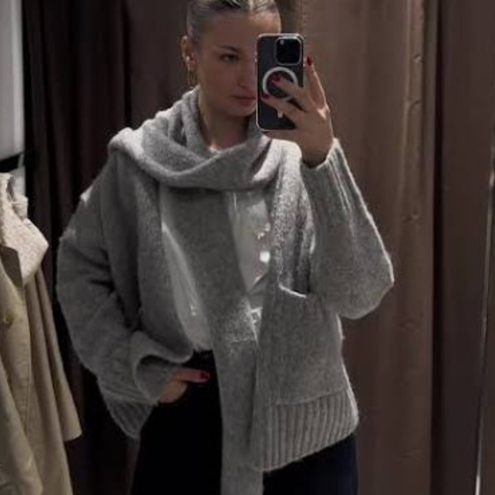 Zara Gray Cardigan Sweater with Attached Scarf